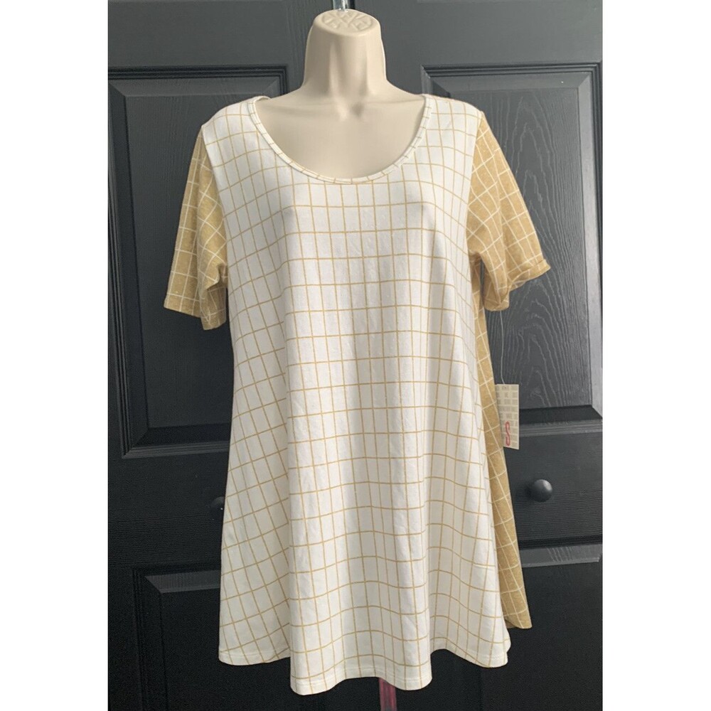 LuLaRoe Perfect T Knit Top Tunic Swing Trapeze Gold White Block Size S NWT